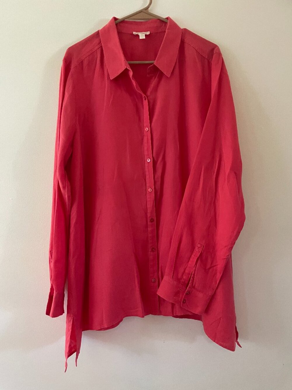 Eileen Fisher Coral Red Pink Linen Blouse Button Down Large L